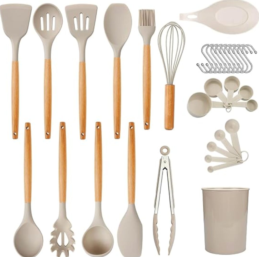 Cooking Utensil Set - Non-Stick Silicone Kitchen Utensil Kit with Wooden Handle, Slotted Spatula, Spoons, Ladle, and Measuring Spoons, Basting Brush, Egg Beater, Tongs. Khaki.