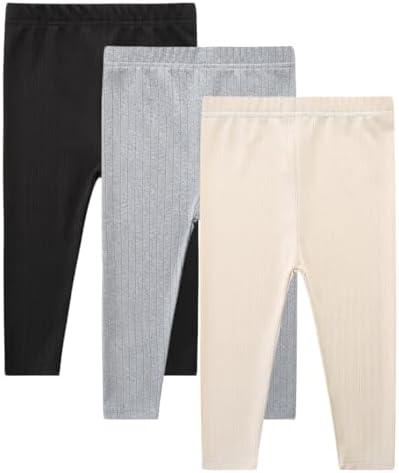 CIZENOFURS 3 Pack Baby Girl Pants Set Solid Ribbed Toddler Girls Leggings for Infant Stretchy Fall Clothes, 9-12M