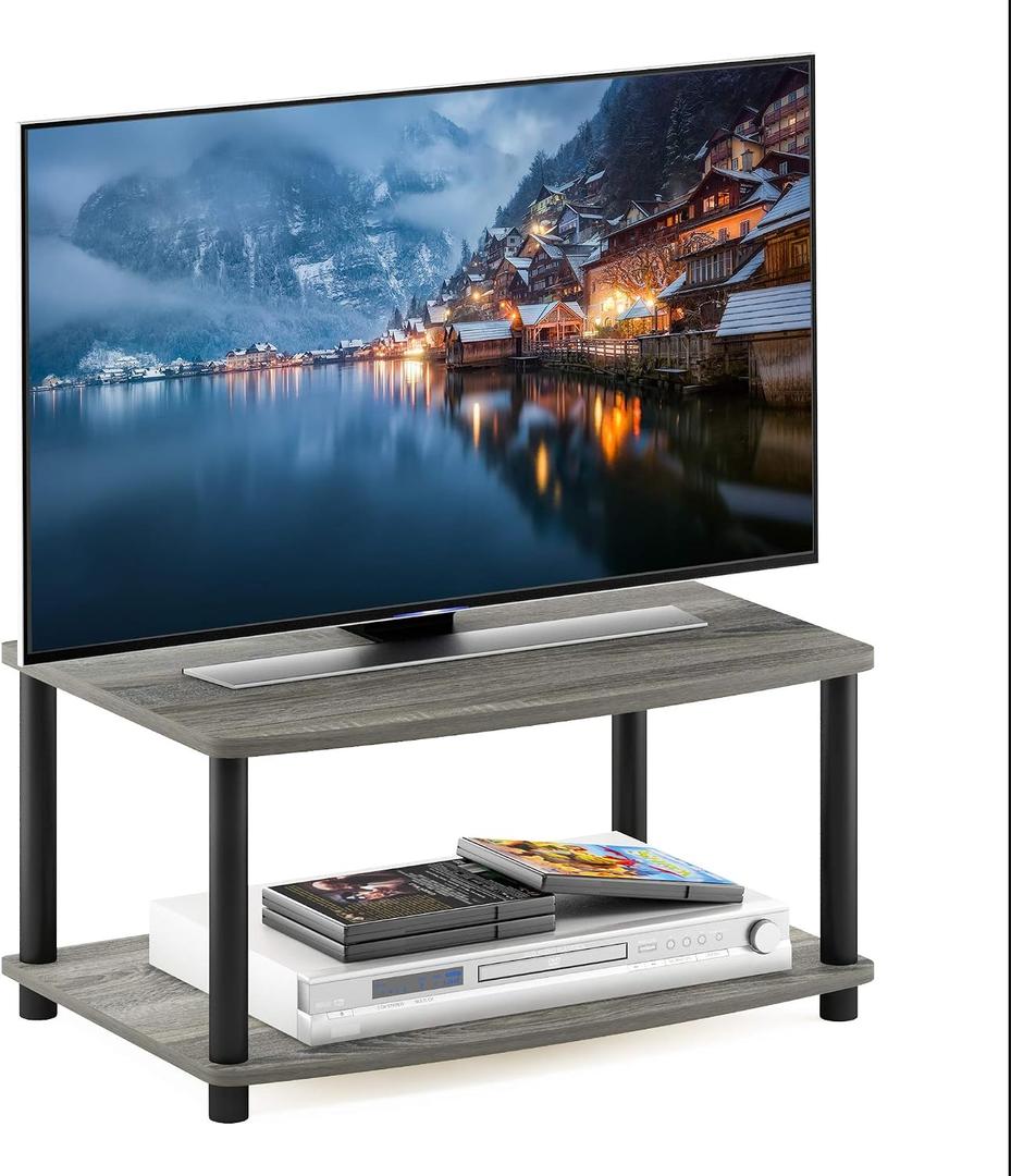 Furinno Turn-N-Tube TV Riser Stand, 2-Tier Small Elevated No Tools TV Stand, TV Console for TV up to 32 inch, 15.8 x 23.8 x 11, for Living Room, Bedroom, French Oak Grey