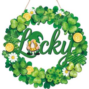 Yalikop St Patrick's Day Wreath for Front Door Wooden Door Decoration Sign Lucky Shamrock Wall Sign Irish Welcome Saint Patricks Day Hanging Decor Hanger for Party Outdoor Indoor