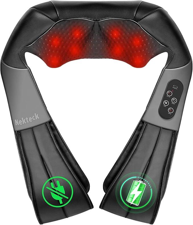 Nekteck Cordless Shiatsu Neck and Back Massager with Soothing Heat, Rechargeable Electric Deep Tissue 3D Kneading Massage Pillow for Shoulder Leg Body Muscle Pain Relief, 3 Speed Intensities