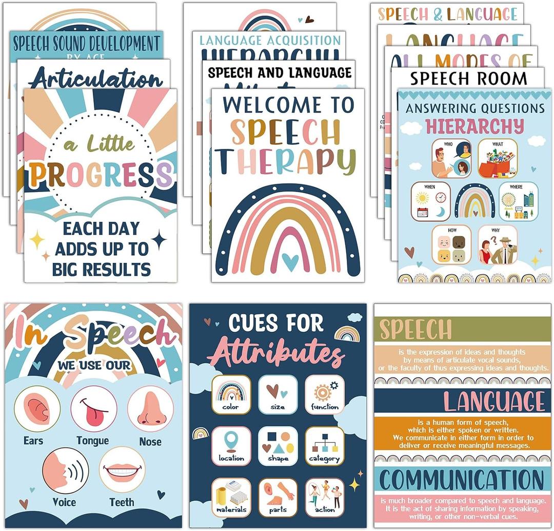Jacyan 16Pcs Speech Therapy Posters for Classroom Decorations Boho Language Pathologist Bulletin Board Decorations Speech Therapy Wall Decor for Classroom School Office Art Print 11 x 14 Inches