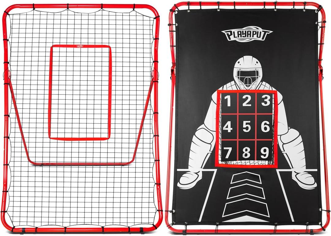 PLAYAPUT 2 in 1 Baseball Rebouder Net and Pitching Net, Adjustable Pitch Back Baseball Rebounder with Strike Zone,Base Ball Bounce Back Net for Pitching,Catching,Fielding,Throwing, 6x4 feet