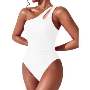 Women One Shoulder One Piece Swimsuit Tummy Control Bathing Suits Modest Full Coverage Cutout Swimwear (Small, White)