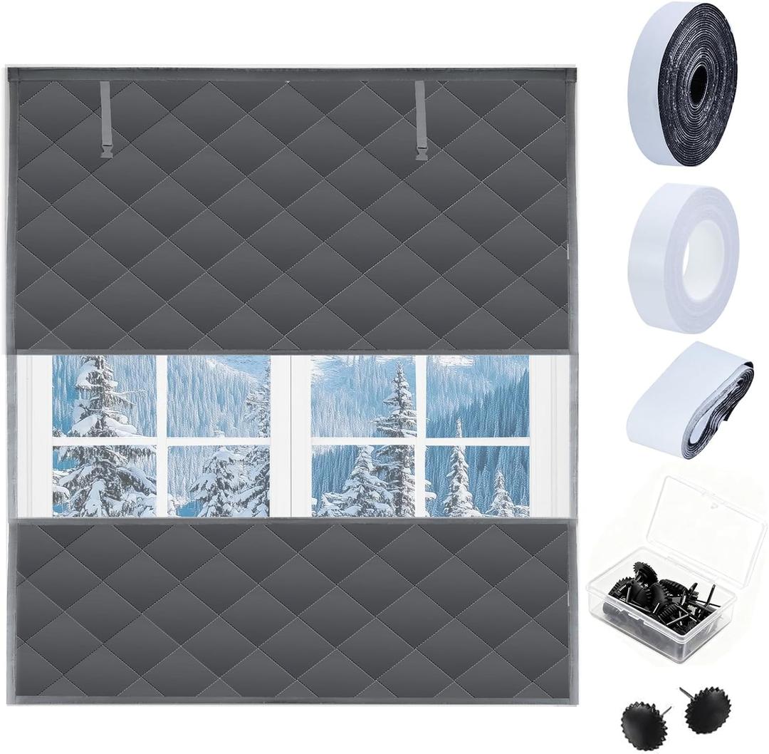 Visible Thermal Window Insulation Kit for Winter, Winterizing Insulated Window Cover Waterproof Oxford Cloth Cotton Layer Reusable Insulated Curtain Blanket Cold Protector for Home Attic RV Keep Warm