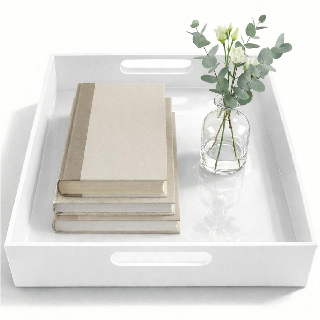 White Small Acrylic Serving Tray 16x12, Waterproof Modern Coffee Table Tray with Handles, Decorative Rectangle Acrylic Organizers for Living Room, Bar Cart, Bathroom Decor & Vanity Desk Decor