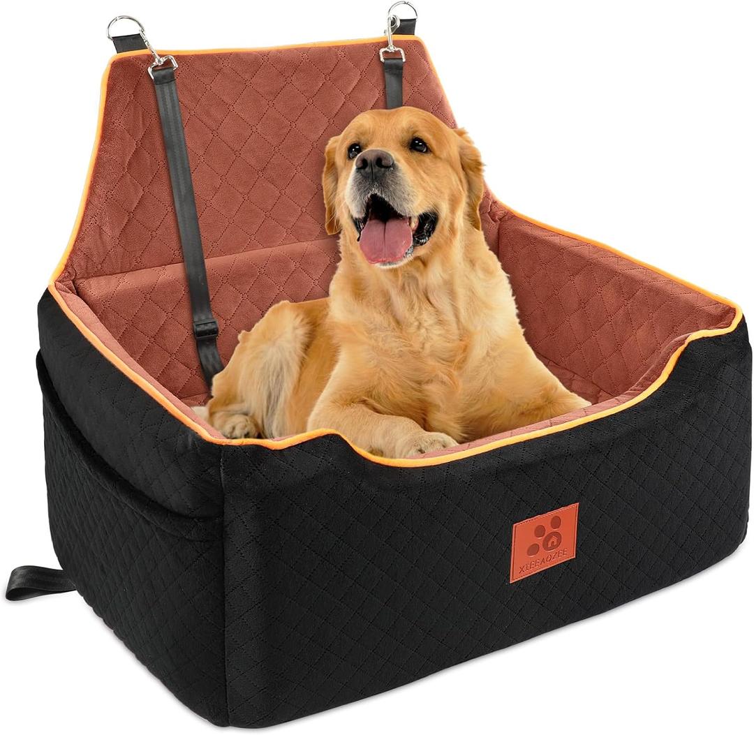 XIEEAOZEE Dog Car Seat for Large/Medium Dog, Booster Seat for Dogs Under 55Lbs or 2 Small, Detachable and Washable Travel Pet Seat with Thick Cushion and Storage Pockets (Black/Brown)