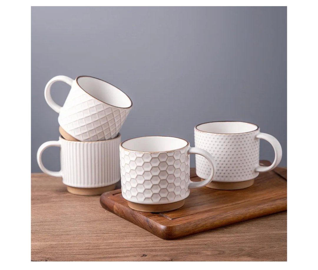 GBHOME 12OZ Stackable Coffee Mugs, Ceramic Coffee Mugs with Texture Patterns for Man,Woman,Dad,Mom, Modern Coffee Mugs Set of 4 for Latte/Cappuccino/Cocoa. Dishwasher&Microwave Safe, Off White, only 3