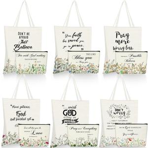 Aliceset 12 Pcs Christian Gift for Women Including 6 Bible Verse Tote Bags 6 Inspirational Makeup Bags with Zipper Religious Motivational Christian Gifts for Coworkers Church(Beige,Classic)