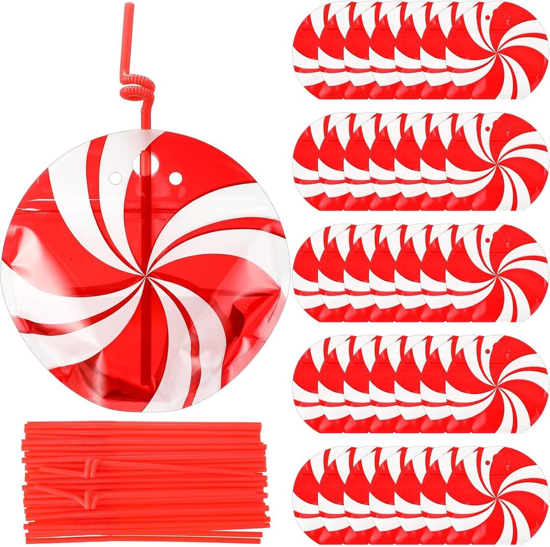 Jingmore 50 Set 8 oz Drink Pouches with Straws Heavy-duty Zipper Reclosable Liquor Smoothie Bags Cute Treat Packing Bags for Festive Parties DIY Gifts Daily Use(Candy,Red and White)