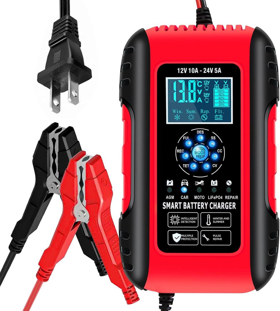 E-FAST Battery Charger, 10A Lifepo4 Lead Acid Car Battery Charger, Upgraded Automobile Trickle Charger 12/24V, All in 1 Battery Maintainer, for Truck Motorcycle AGM Lawn Mower Boat Marine Batteries