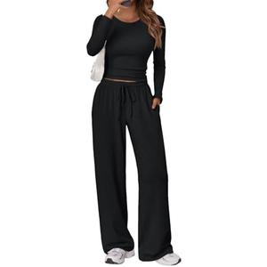 Trendy Queen Women's 2 Piece Matching Lounge Set Long Sleeve Slightly Crop Top Wide Leg Pants Casual Sweatsuit. Size M