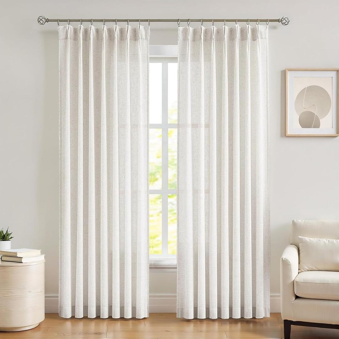 Central Park Pinch Pleat Sheer Curtain Panels Linen Blend Slub Yarn Sheer Farmhouse Rustic Crude Window Drape for Living Room Bedroom, 40" Wx84 L, 2 Panels, Linen