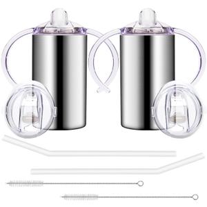 12oz Stainless Steel Sippy Cups for Toddlers with Handles, Spill Proof Double Wall Vacuum Insulated Sippy Cups, Kids Straw Cups with Extra Lids for School, Outdoor, 2 Pack