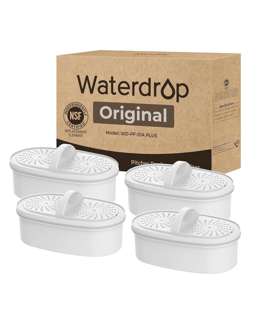 [Original] Waterdrop PF-01A Water Filter Replacement for Waterdrop Pitcher and Dispenser Filtration System, NSF Certified, Reduces Lead, PFAS, PFOA/PFOS, Last Up to 200 Gallons, 4 Pack