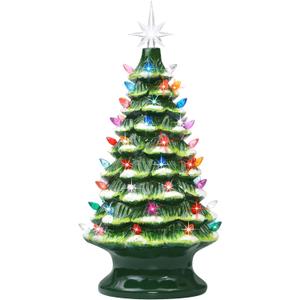 Lakumu 16.5" Table Top Christmas Tree, Hand Painted Resin Christmas Tree with Lights, Pre-lit Xmas Tree Decor Lighted Tabletop Decoration with Multicolored LED Bulbs, Ceramic-Like Finish (Snow Flocked)