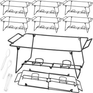 Geosar 32 Pack Wire Buffet Rack Stand Folding Chafing Stand Chrome Frame Serving Trays Food Warmer with Plastic Tongs Forks and Spoons for Christmas Thanksgiving Home Party Catering Supplies(Black)