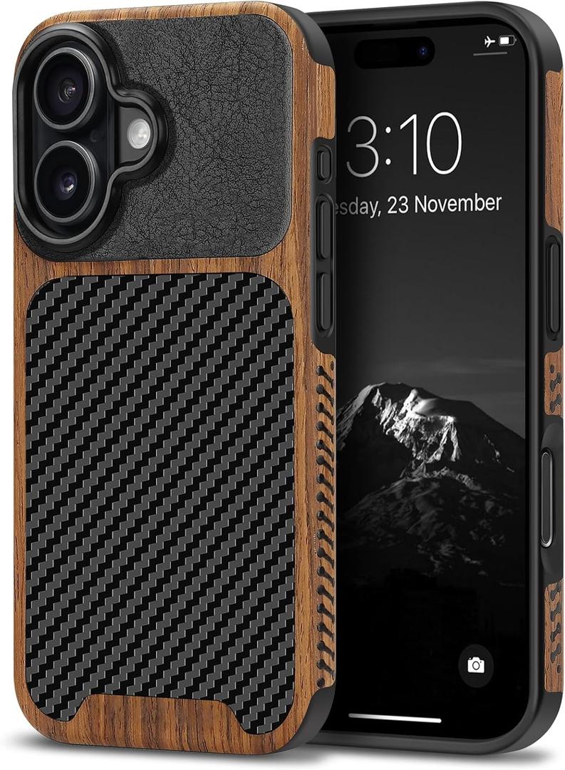 TENDLIN Compatible with iPhone 17 Case Wood Grain with Carbon Fiber Texture Design Leather Hybrid Slim Case (Black)