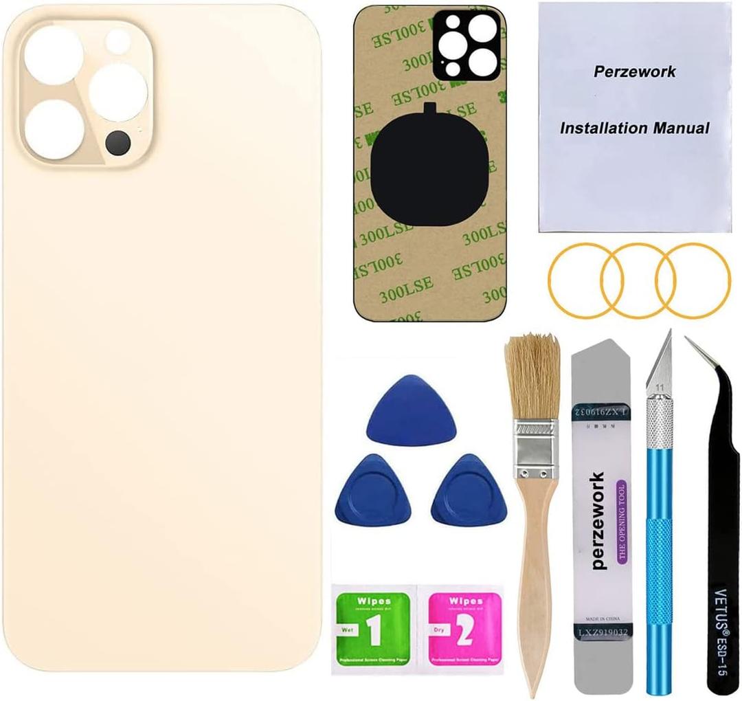 OEM Rear Back Glass Replacement (Gold) Compatible with iPhone 12 Pro Max 6.7 inches All Carriers with Pre-Installed Adhesive and Repairing Tool Kits