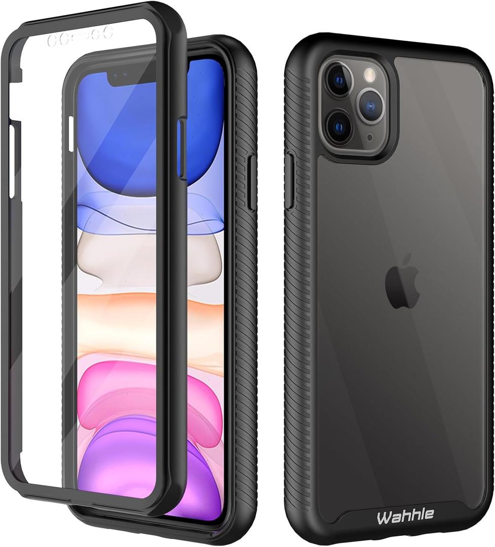 wahhle Compatible with iPhone 11 Pro Max Case, Built in Screen Protector Full Body Shockproof Slim Fit Bumper Protective Phone Cover 6.5'' Men Women-Black/Clear