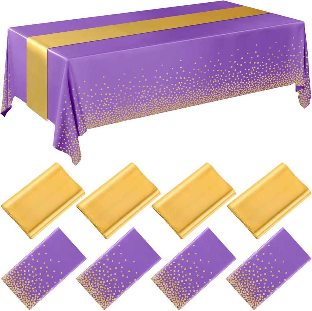 Breling 8 Pack Purple and Gold Disposable Plastic Tablecloths and Satin Table Runner Set, 54 x 108 Inch Tablecloth, 12 x 108 Inch Table Runners for Wedding Graduation Birthday Baby Shower New Year