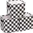 Hinwo 3-Pack Cubic Organizer Shelf Bins, Canvas Fabric Storage Baskets with Handles, 22L/5.8-Gal Square Storage Bins, Cubes, Collapsible Storage Box, 11 x 11 x 11 Inches (S, Black Checkerboard)