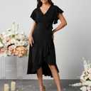 Womens Wedding Guest Midi Dress Flutter Sleeve V Neck Wrap High Low Bridesmaid Cocktail Formal Dresses for Women (Black, XXL)