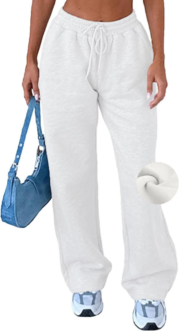 AROGONE Women's Fleece Lined Sweatpants Baggy Straight Wide Leg Drawstring Winter Warm Sweat Pants with Pockets (Large, White)