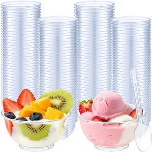 Suclain 200 Pack 2 Oz Dessert Cups with Spoons Round Clear Plastic Party Disposable Appetizer Parfait Cups Serving Bowls for Tasting Party Appetizers Fruit Parfait Trifle Mousse Pudding