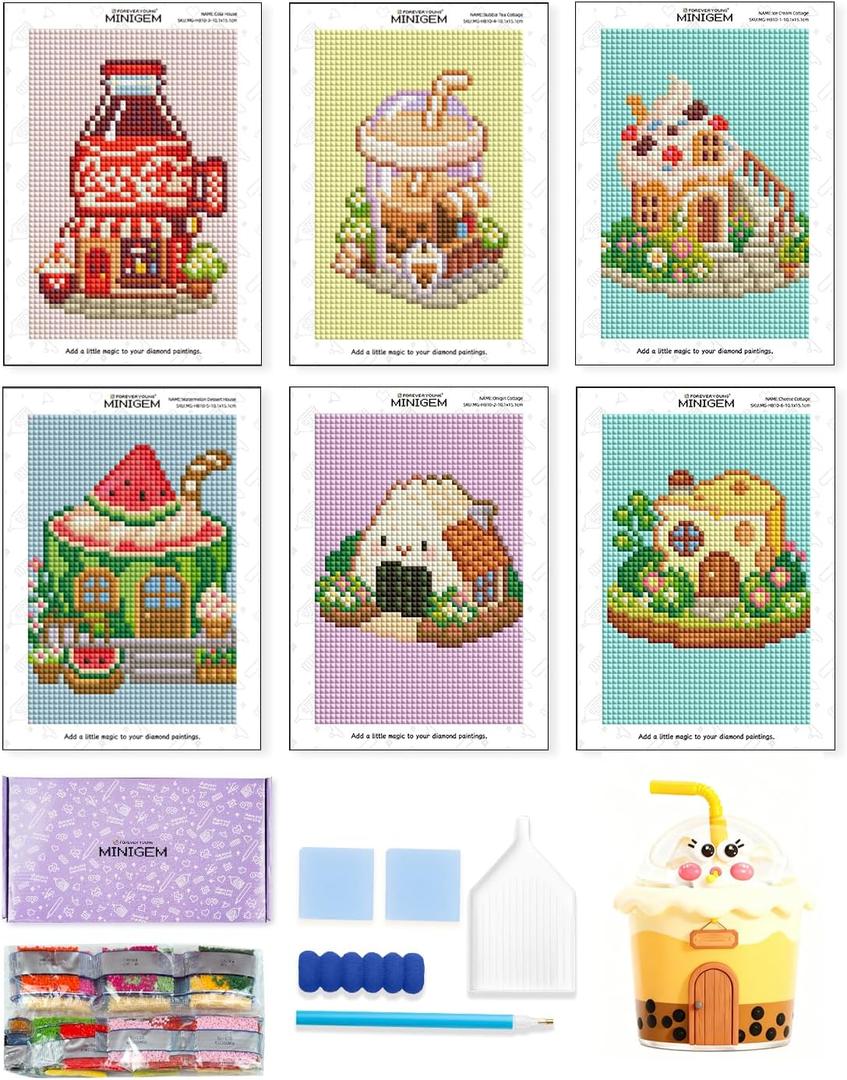forever young Minigem Diamond Art Kits for Beginners, 6 Pcs Tea Time Cottage Resin Square Diamond Painting Kits for Adults, 2-Hour Canvas Small Diamond Art Kits for Adults (5x7 Inch)
