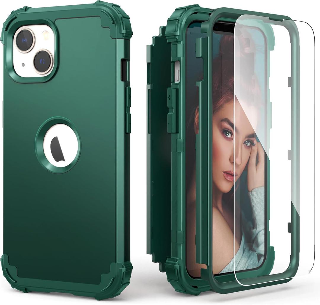 IDweel for iPhone 14 Plus Case with Screen Protector, Luxury 3 in 1 Shockproof Slim Fit Hybrid Heavy Duty Hard PC Cover Soft Silicone Bumper Full Body Anti-Fingerprint Case, Graphite Green