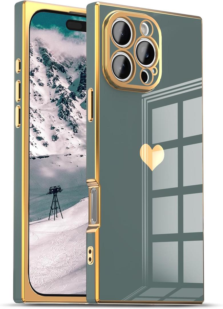 IAIYOXI Case for iPhone 16 - Rectangle Design, Full Camera Protection, Cute Heart Pattern, Electroplated Reinforced Corners, Shockproof Edge Bumper, Compatible with iPhone 16, Blue Gray