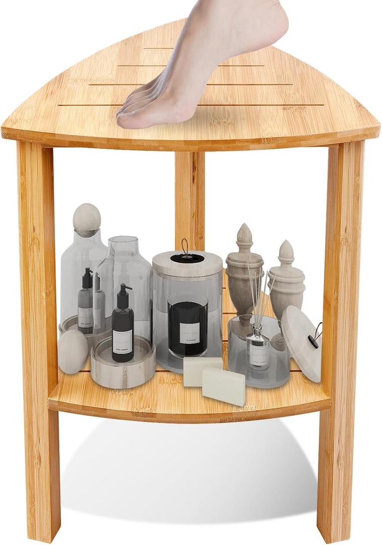 Teak Shower Bench - Corner Stool for Shaving Legs, Waterproof with Storage, Indoor/Outdoor Use