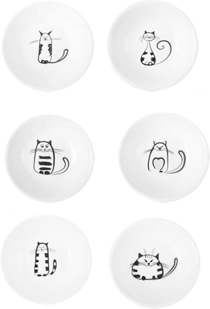 Ceramic Cat Dish Set - 6 Pieces Adorable Ceramic Small Dishes Perfect as cat Bowls, Dipping Bowls for sauces, cat Plates, and Snack Servers. Please Check The Product Size