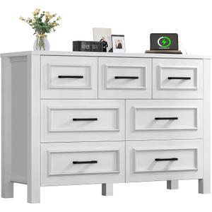 YITAHOME 7 Drawer Dresser with Built-in Power Outlet, Wood Dresser TV Stand with Large Drawers and Bar Handles, White Chest of Drawers for Living Room, Entryway, 15.7"D x 47.2"W x 33.4"H