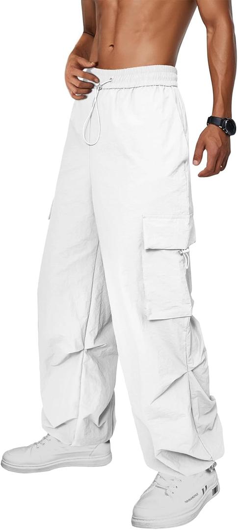 Zando Cargo Pants for Men Baggy Joggers Parachute Pants Waterproof Hiking with Pockets Drawstring Trouser (Small, White)