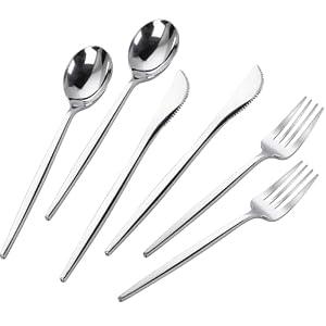 PULOTE 300PCS Silver Plastic Silverware Disposable - Heavy Duty Silver Plastic Cutlery - Disposable Utensils Set Include 100 Knives, 100 Forks and 100 Spoons for Party & Wedding