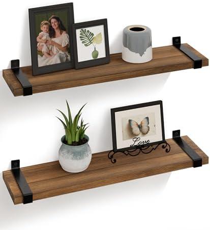 Gronda Wood Floating Shelves for Wall 24 Inch Rustic Natural Pine Shelf Industrial Shelving Wall Decor Storage Organizers Hanging Shelf for Bathroom Living Room Bedroom Kitchen Toilet, Set of 2