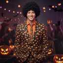 2 Pcs Pumpkin Man Halloween Costume Dress Up Included Black Wig and Orange Pumpkin Tie TV Character Cosplay Dress Up for Adults Halloween Cosplay Party Supplies