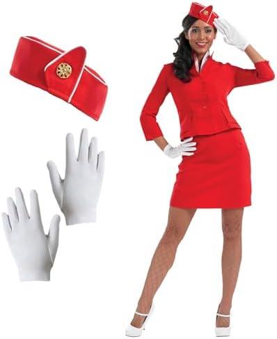 fun shack Flight Attendant Costume Women Red, Retro Airline Stewardess Outfit for Women, Vintage Stewardess Attire Size L