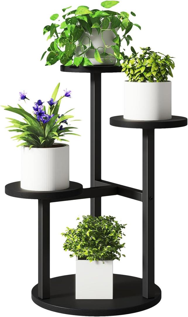IBUYKE 4 Tier Plant Stand Indoor, Metal Wood Plant Shelf for Multiple Plants, Small Tiered Corner Flower Pot Stand for Living Room Patio Balcony Garden, Black TMJ073B