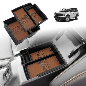 TripleAliners Center Console Organizer Compatible with 2021-2024 Ford Bronco(no for Sport) Accessories Bronco 2/4-Door Center Console Storage Box ABS Material with Leather Trim(V2_Brown)Won't Fit 2025