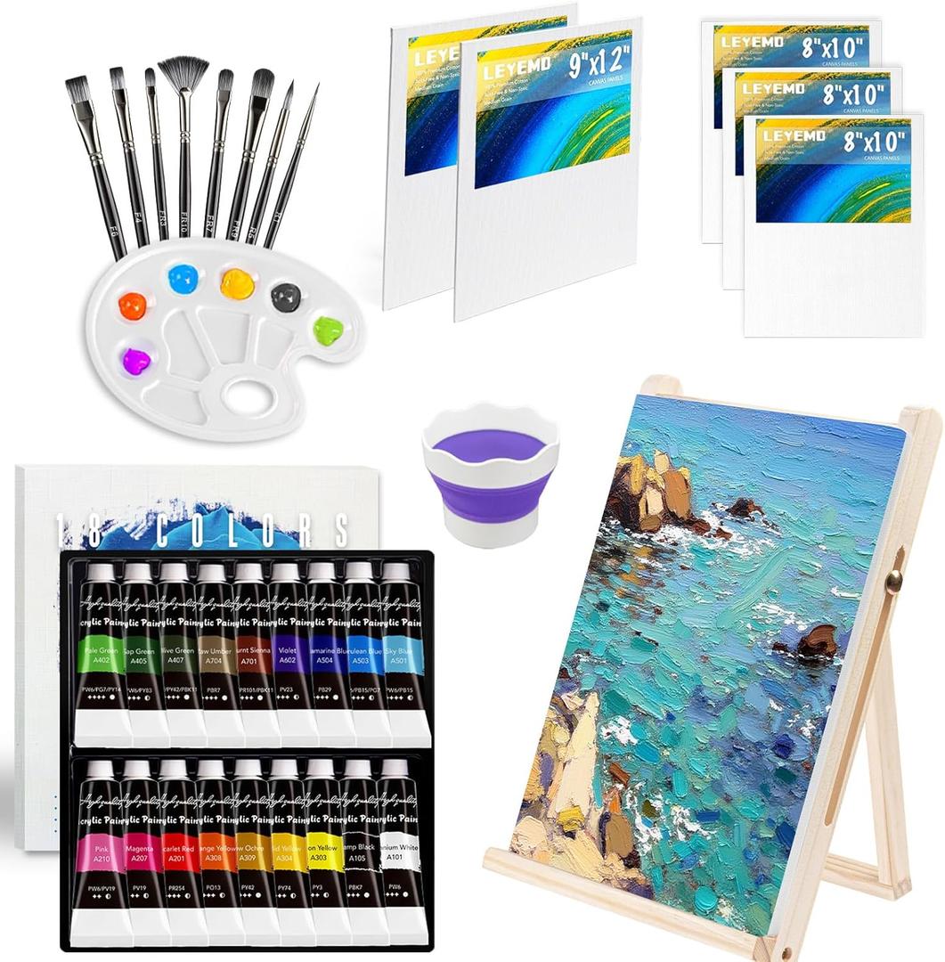 LEYEMO Acrylic Paint Set for Kids, Art Supplies Painting Kit with18 Acrylic Paints, 5 Canvas, 8 Paint Brushes, Easel, Palette ETE, Paint Set Gifts for Adults & Artist
