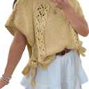 Saodimallsu Womens Summer Crochet Sweaters Batwing Cap Sleeve Cable Knit Crewneck Side Tie Casual Pullover Tops (Large, Khaki)