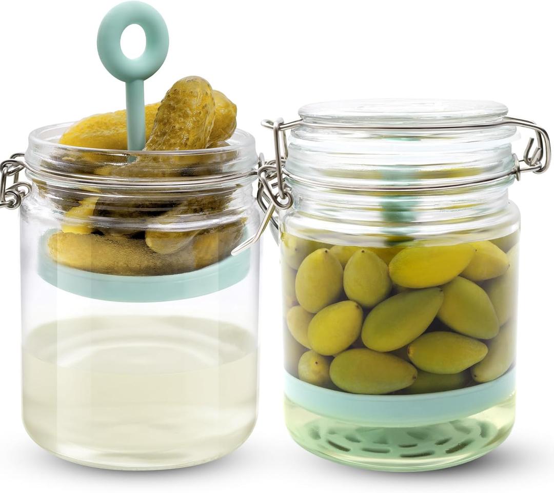 2 Pcs Pickle Jar with Strainer, 25 Oz Glass Pickle Container with Silicone Lift Separator, Airtight Lid Olive Storage Mason Jar for Jalapeno Gherkin Kimchi Marinade Fermenting Canning Jars Wide Mouth