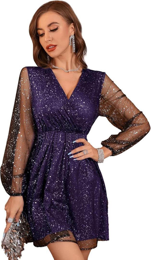 Floerns Women's Lantern Long Sleeve V Neck Mesh Cocktail Party Short Dress Without Belt (Purple Glitter) Small