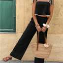 SOLY HUX Women's Summer Vacation 2 Piece Set Tie Shoulder Crop Top and Pants Travel Outfits (Black, S)