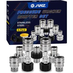 JANZ Pressure Washer Adapter Set, M22 to 3/8 inch Quick Disconnect Kit, 3/4 Inch to Quick Disconnect, Male M22 Hose Adapter, Stainless Steel, 9-Pack