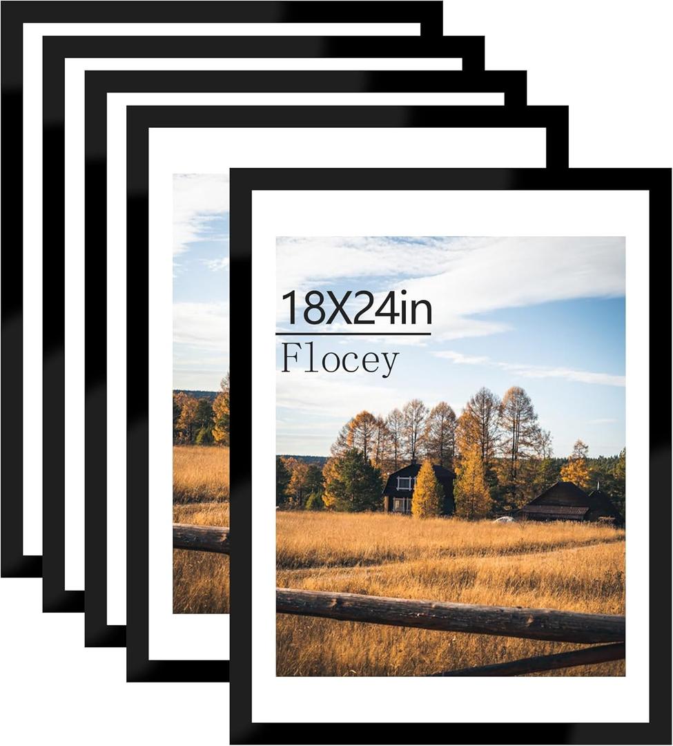 18x24 Picture Frame Set of 5, Black Poster Frame, Display Pictures 16 x 20 with Mat or 18 x 24 Without Mat for Horizontal or Vertical Wall Mounting, Wall Gallery Frame for Artwork