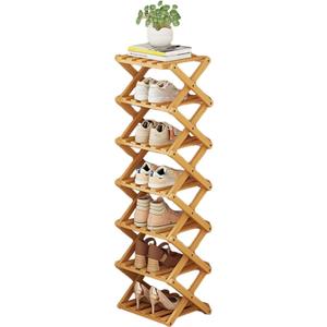 YYW Bamboo Shoe Rack for Entryway,Installation-Free and Foldable Vertical Shoe Storage Organizer,Free Standing Shoe Racks Shelf Closet Shoe Organizer for Living Room (Nature-7 Layers)